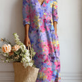 Women's Vintage Flowers Pattern Art Print Linen Pocket Dress