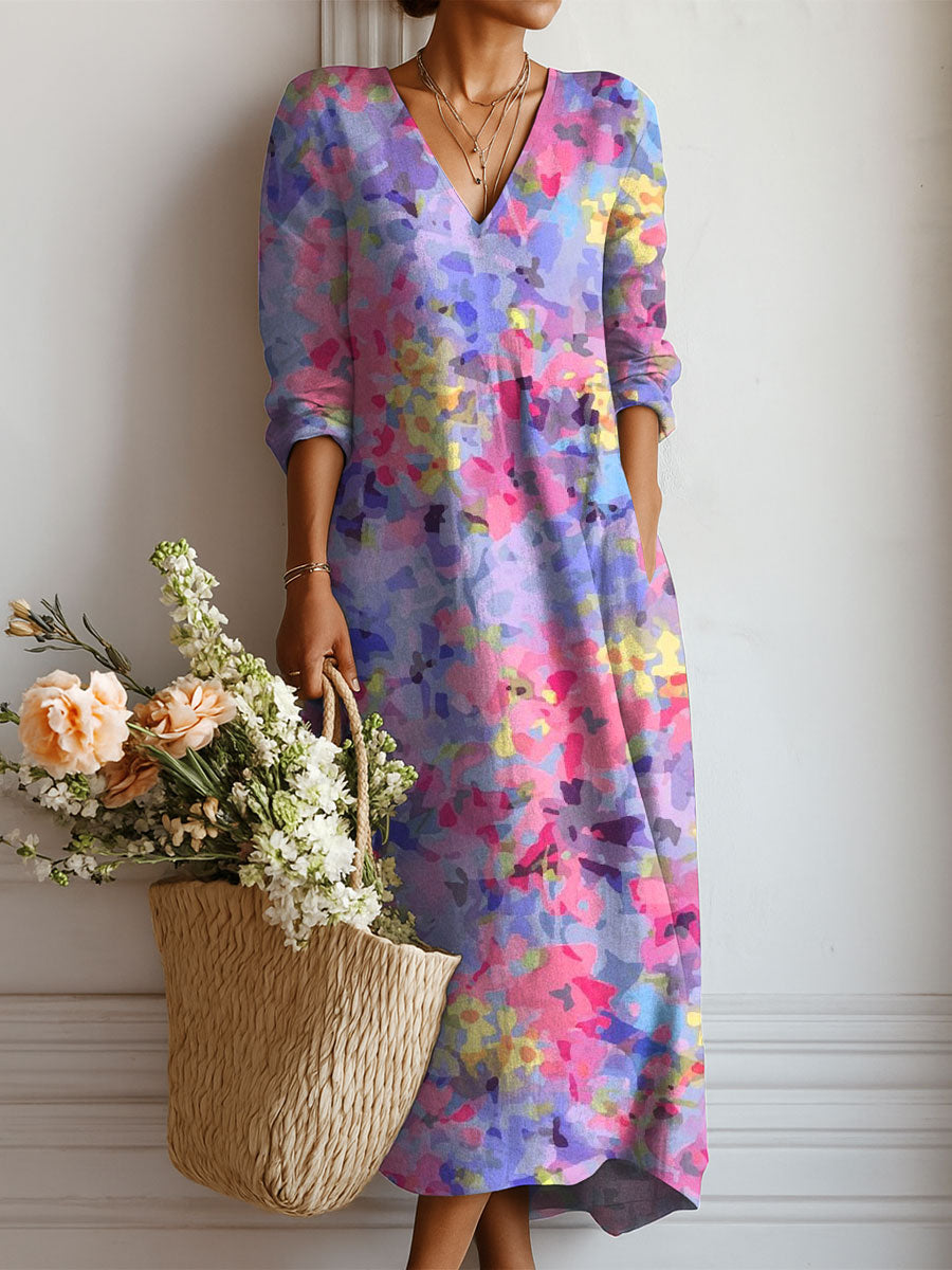 Women's Vintage Flowers Pattern Art Print Linen Pocket Dress