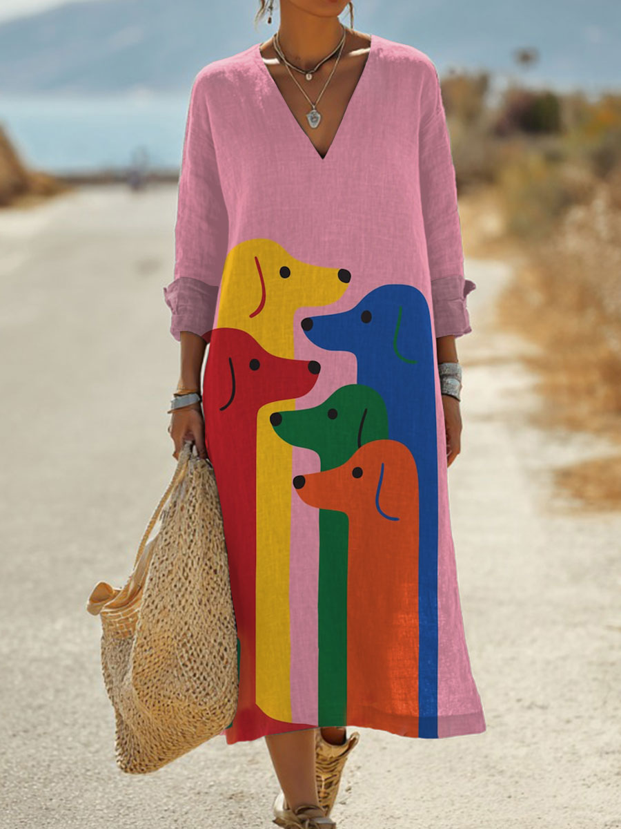 Women's  Rainbow Dog  Art Print Pocket Cotton Dress