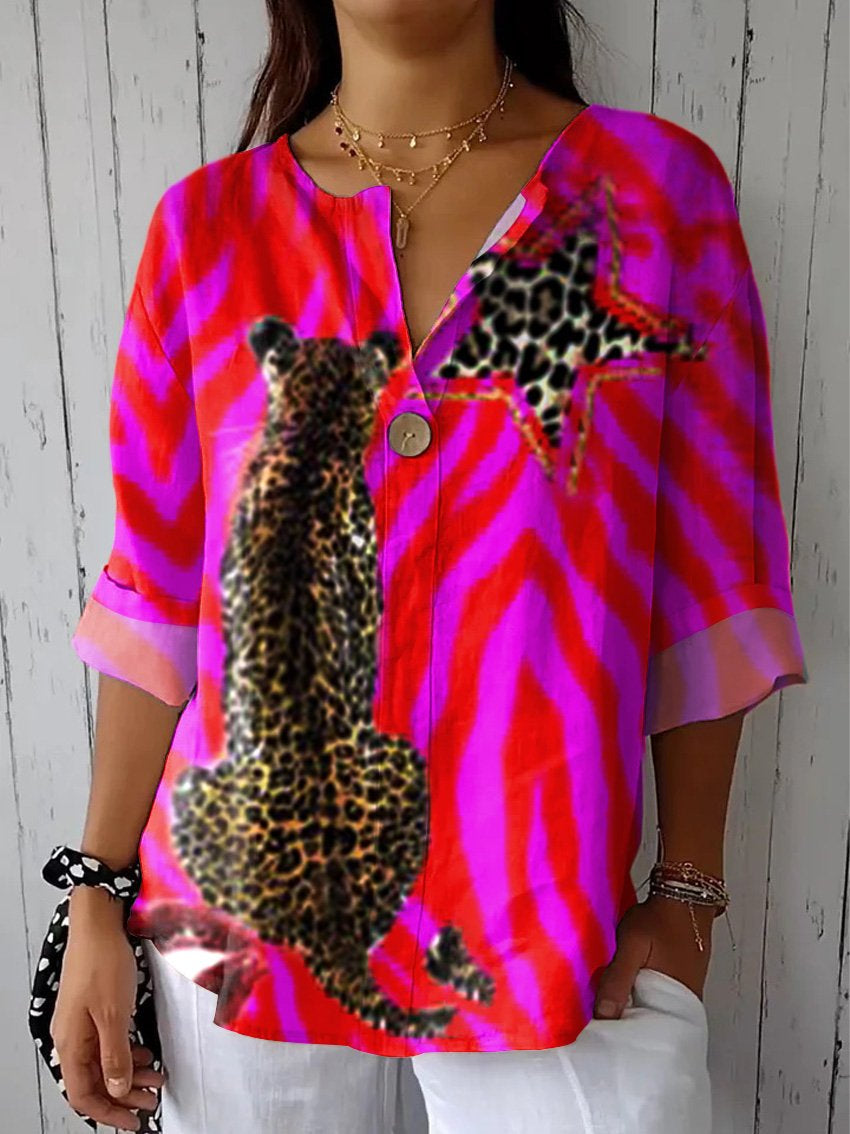 Women's Leopard Art Print Casual Cotton Linen Shirt