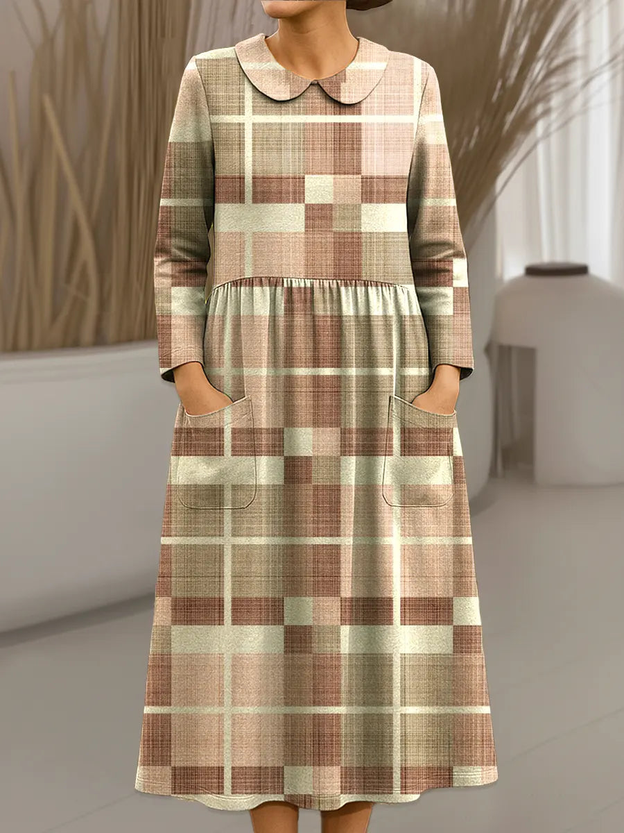 Women's Vintage Abstract Geometry Pattern Art Print Cotton Lapel Shirt Dress