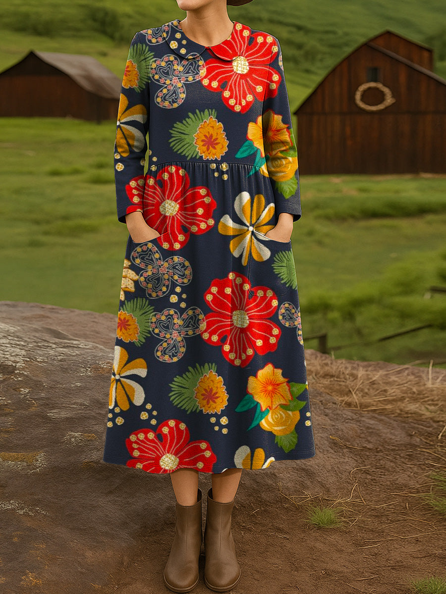 Women's Beautiful Colorful Large Floral Art Print Cotton Lapel Button-Down Shirt Dress