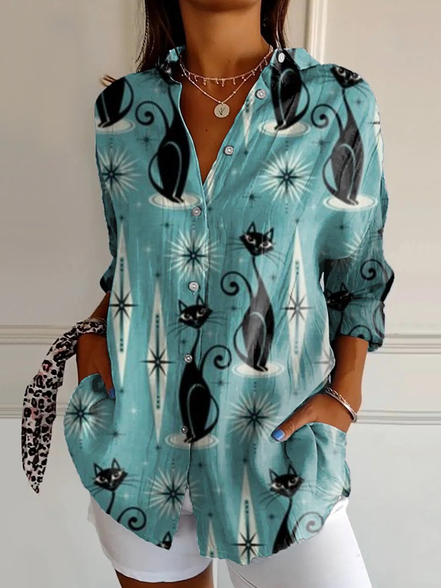 Women's Cat Print Casual Cotton Shirt