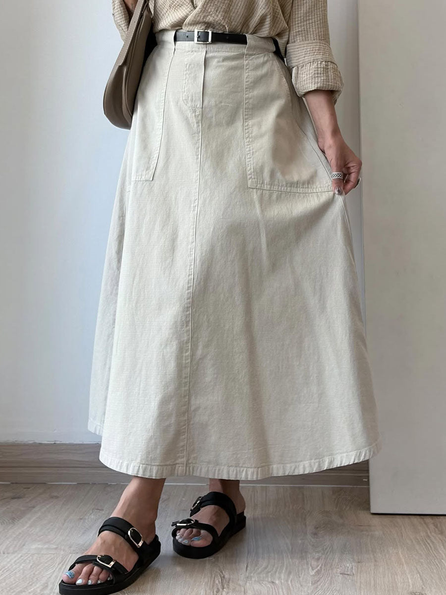 Women's Solid Color High Waist Casual Pocket Cotton Skirt