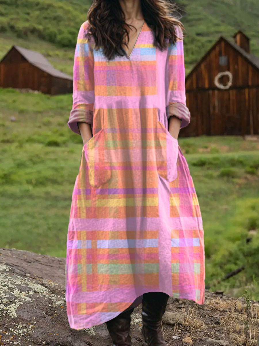 Women's Vintage Abstract Geometric Art Print Pocket V-neck Cotton Dress