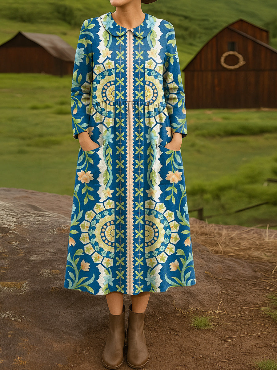 Women's Beautiful Vintage Ethnic Geometric Art Print Cotton Lapel Button-Down Shirt Dress