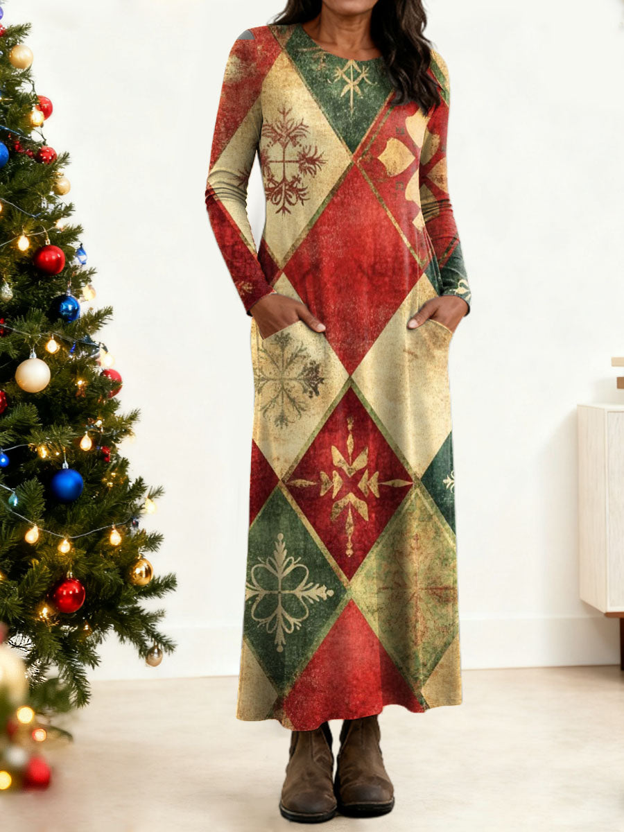 Women's Christmas Pattern Art Print Long-sleeved Dress