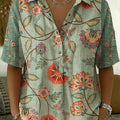 Women's Floral Print Casual Cotton-linen Shirt