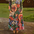 Women's Ethnic Floral Art Print Cotton Lapel Button-Down Shirt Dress
