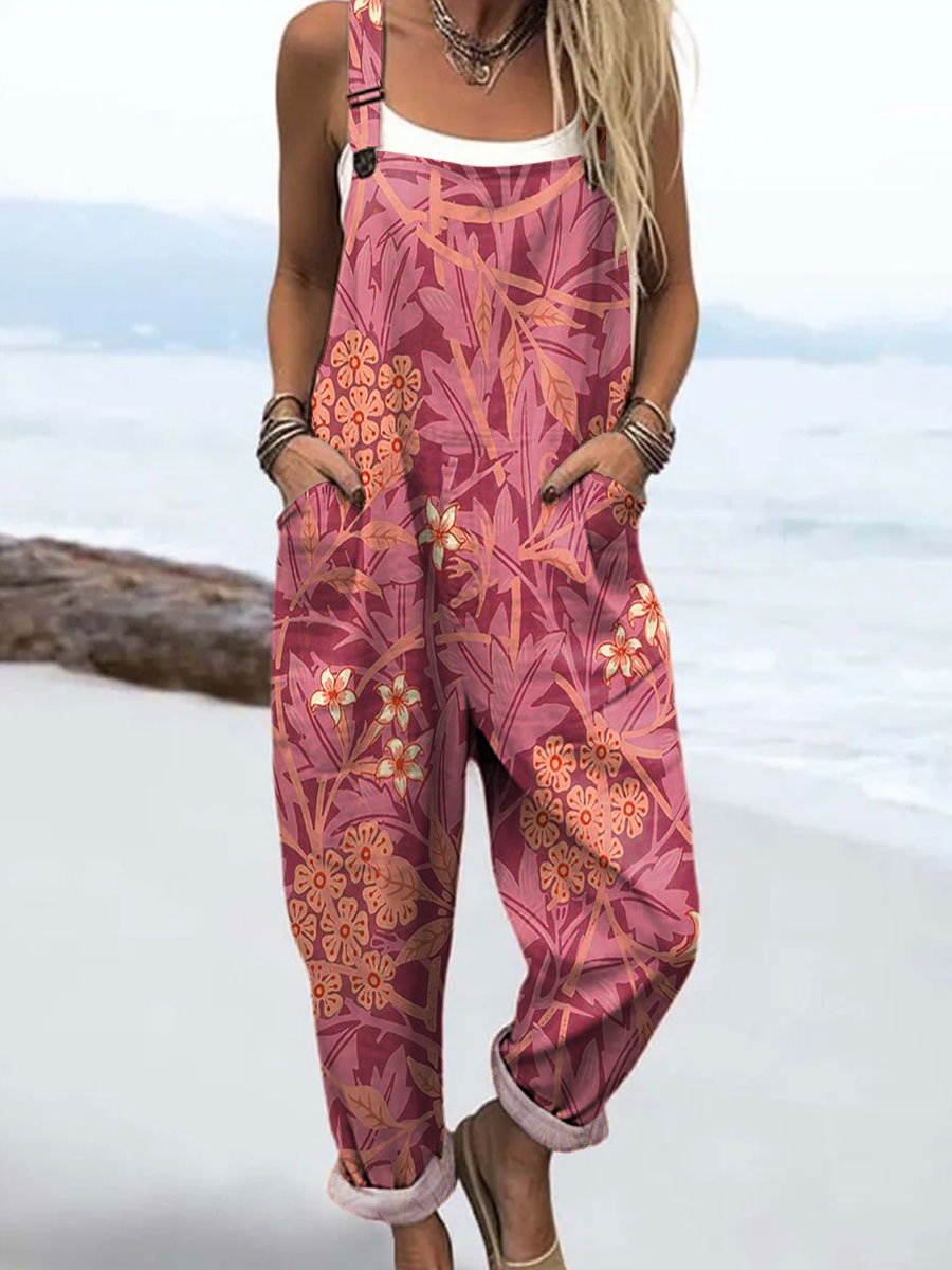 Women's Vintage Flower Art Print Casual 100% Cotton Wide Leg Jumpsuit