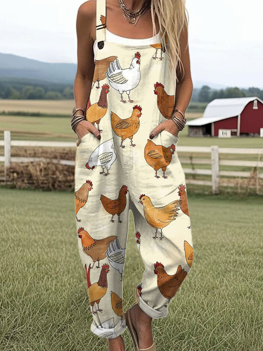 Women's  Funny Chicken Art Print Casual 100% Cotton Wide Leg Jumpsuit