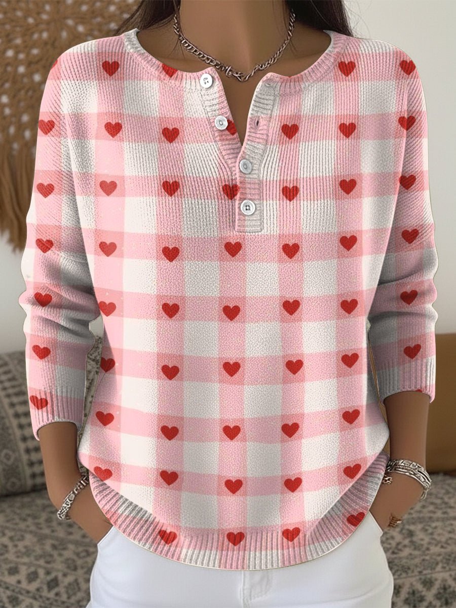 Checkered Heart Print Casual Valentine's Day Sweater