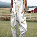 Women's   Vintage Flower Bee  Art Print Casual 100% Cotton Wide Leg Jumpsuit