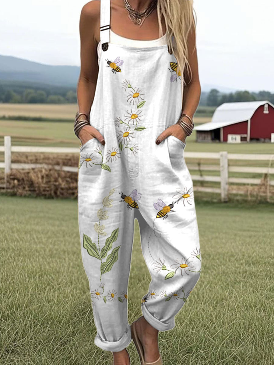 Women's   Vintage Flower Bee  Art Print Casual 100% Cotton Wide Leg Jumpsuit