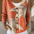 Maple Leaves Orange Autumn Print Buttoned V-neck Cardigan Sweater