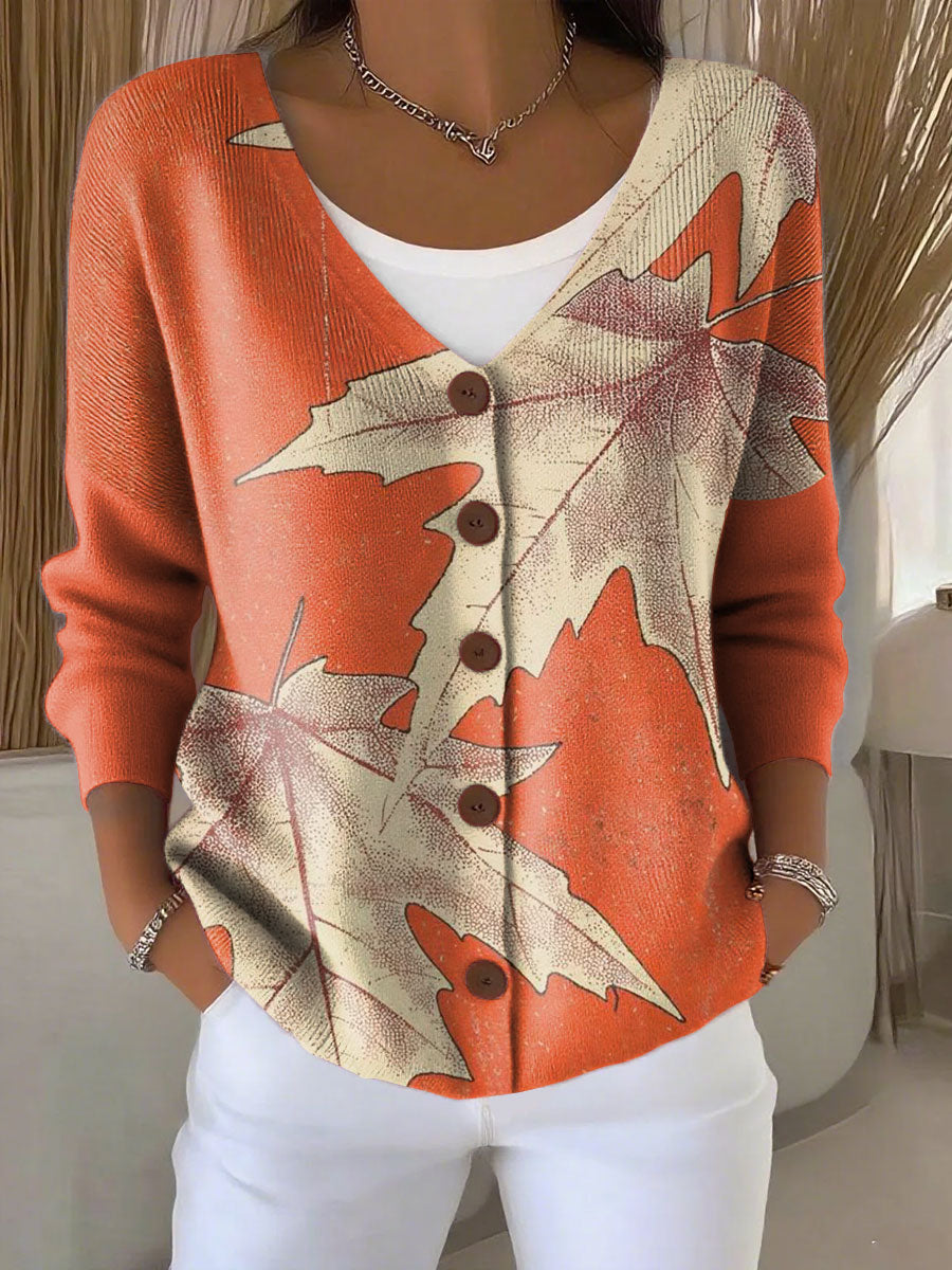 Maple Leaves Orange Autumn Print Buttoned V-neck Cardigan Sweater