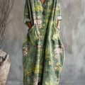 Women's Vintage Floral Art Pattern Print Pocket V-neck Cotton Dress