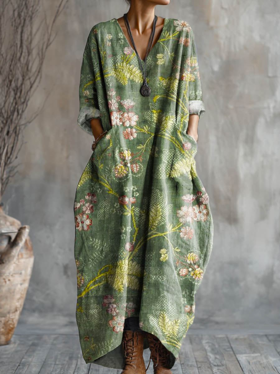 Women's Vintage Floral Art Pattern Print Pocket V-neck Cotton Dress