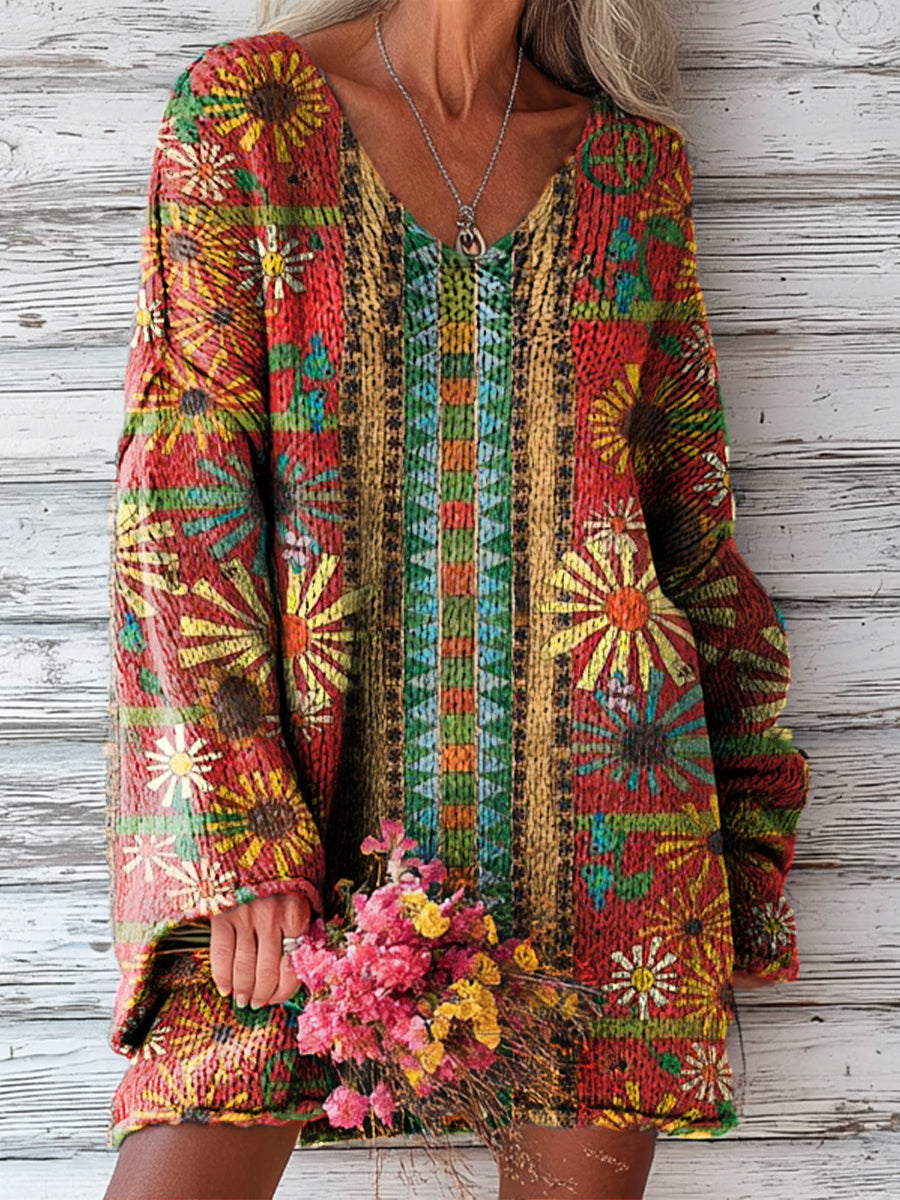 womens-vintage-floral-geometric-stripe-art-print-casual-pullover-sweater