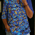 “Deep Sea Dream" Fish Print Henley Cotton T-shirt