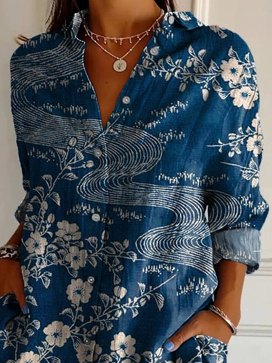 Japanese Style Cherry Blossom And River Stream Art Printed Women's Casual Cotton Shirt