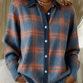 Denim Patchwork Contrast Plaid Polo Collar Button Cardigan Sweater
