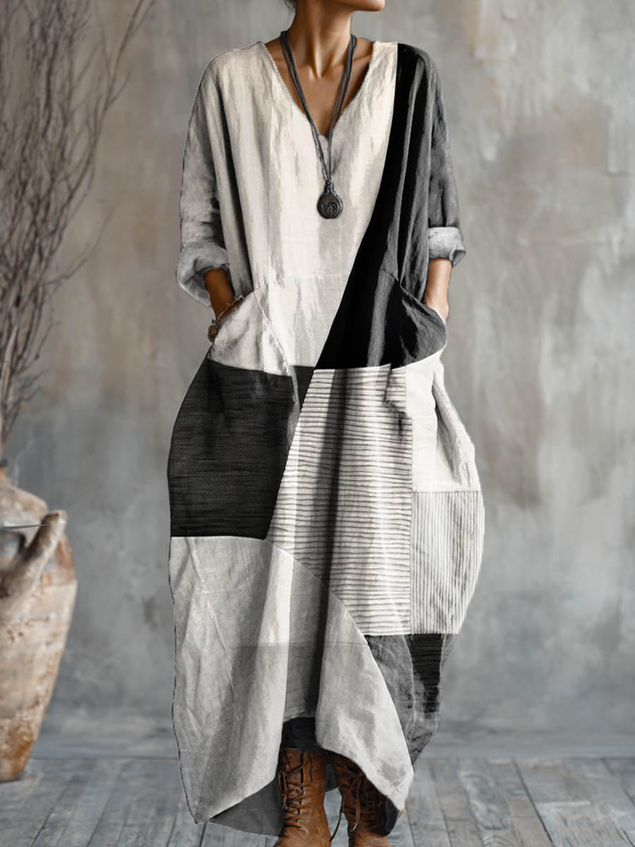 Women's Abstract Geometric Pattern Art Print Pocket V-neck Cotton Dress