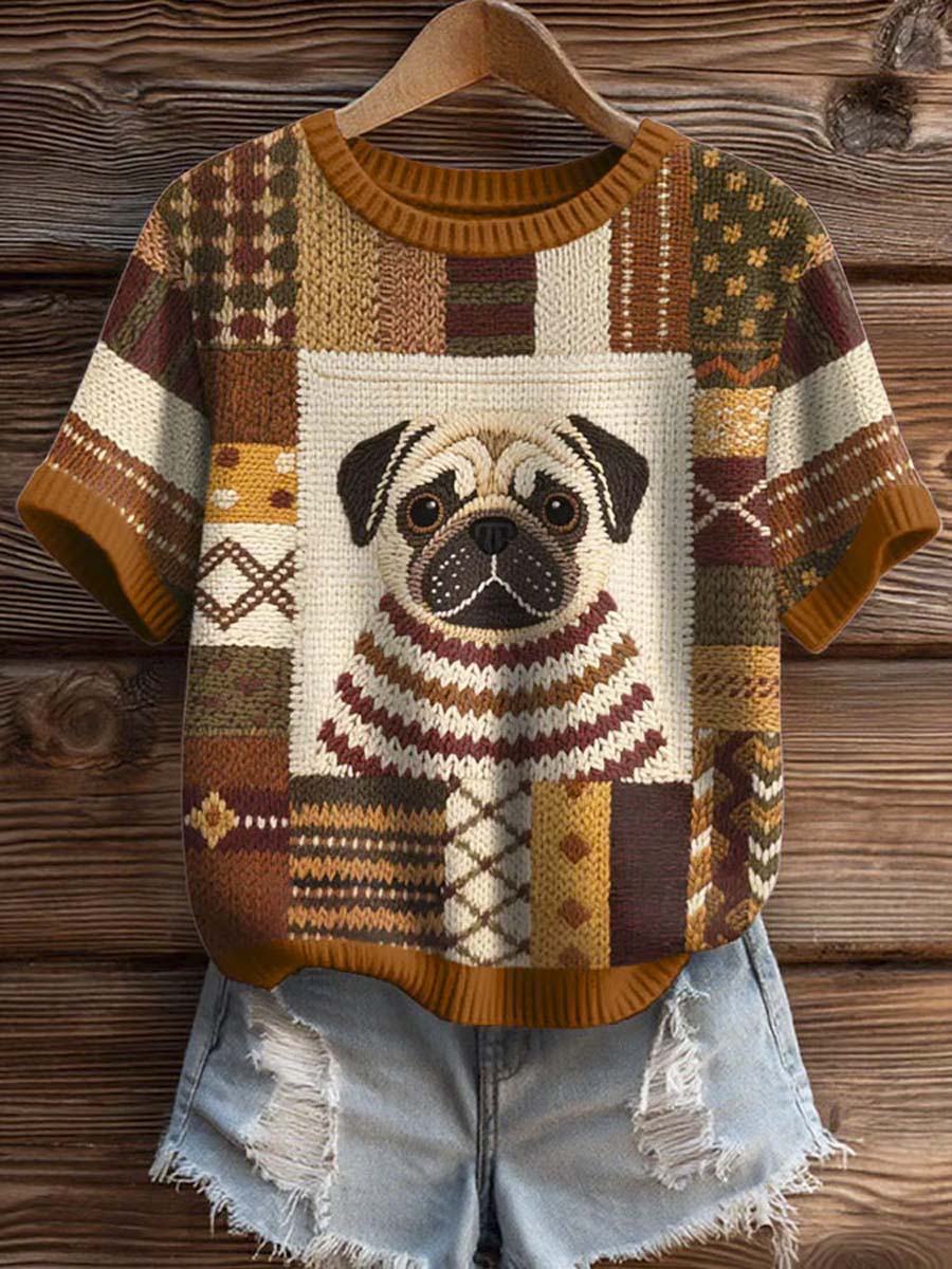 womens-melancholy-puppy-print-casual-crew-neck-short-sleeve-knitted-sweater