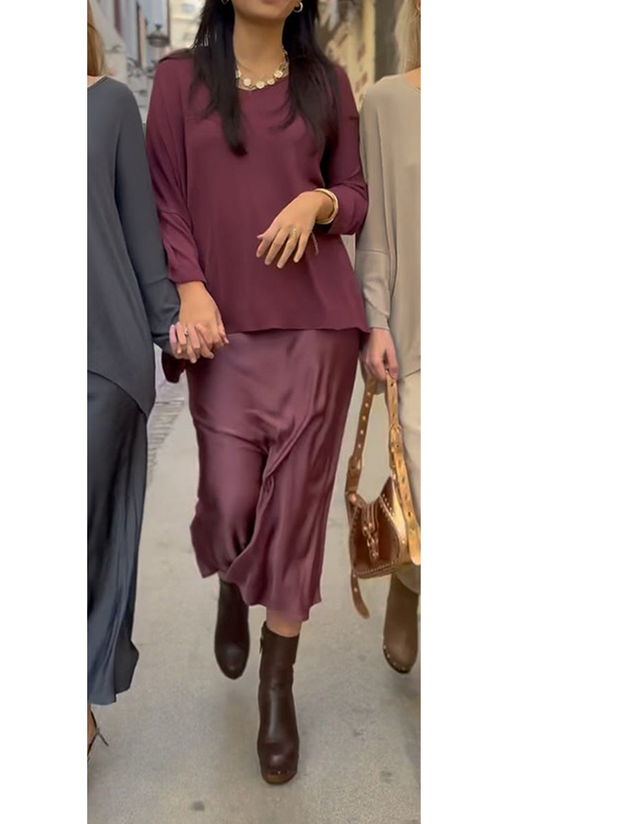 Women's Loose V-neck Knit Top and Satin Skirt Two-piece Set