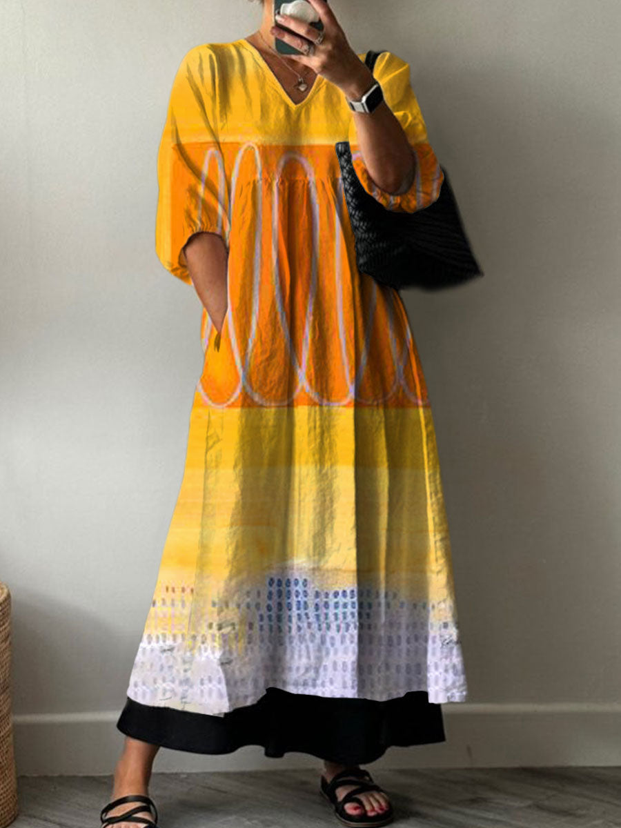 Women's Vintage Abstract Geometry Art Print Pocket V-neck Cotton Dress