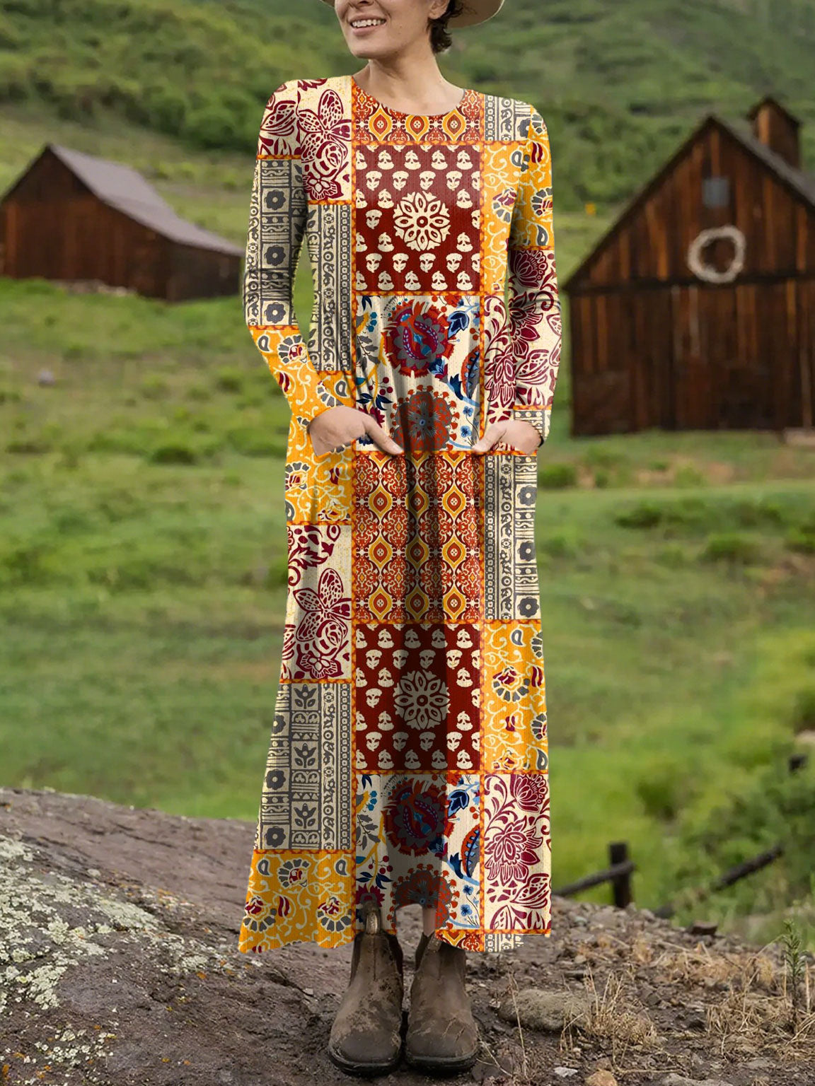 Women's Vintage Flower Art Print Long-sleeved Dress