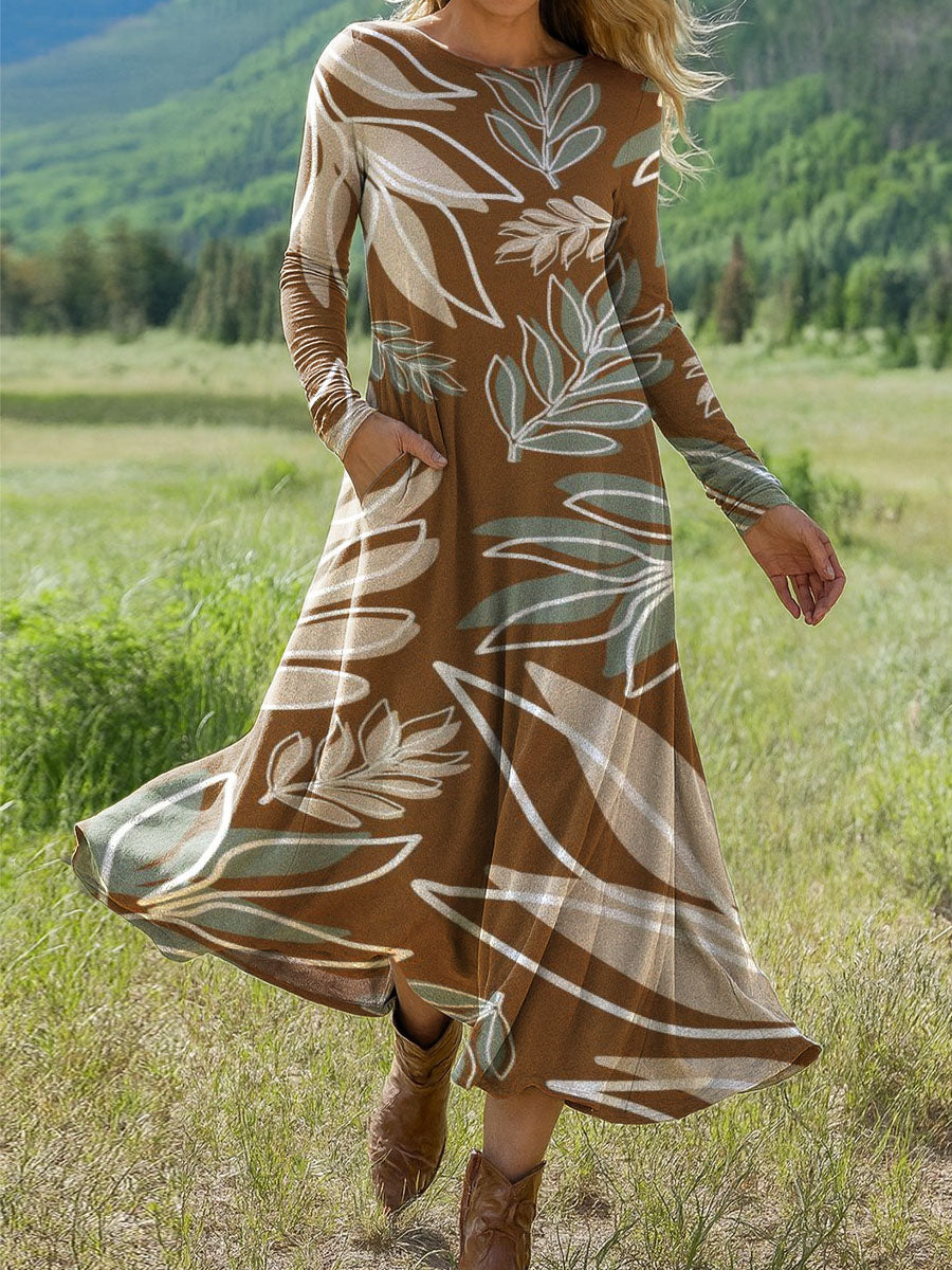 Women's large And Small Leaves Art Print Long-sleeved Dress