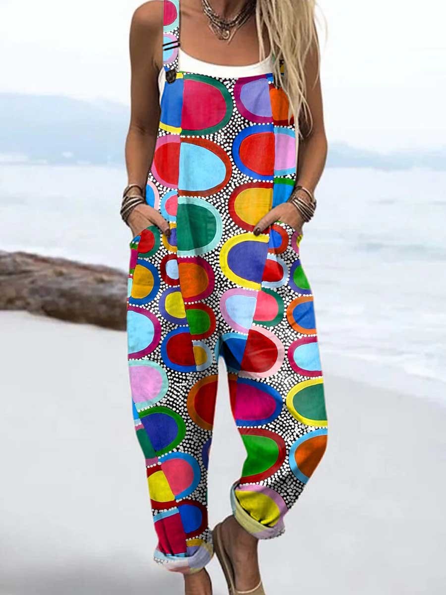 Women's Geometric Pattern Art Print Casual 100% Cotton Wide Leg Jumpsuit