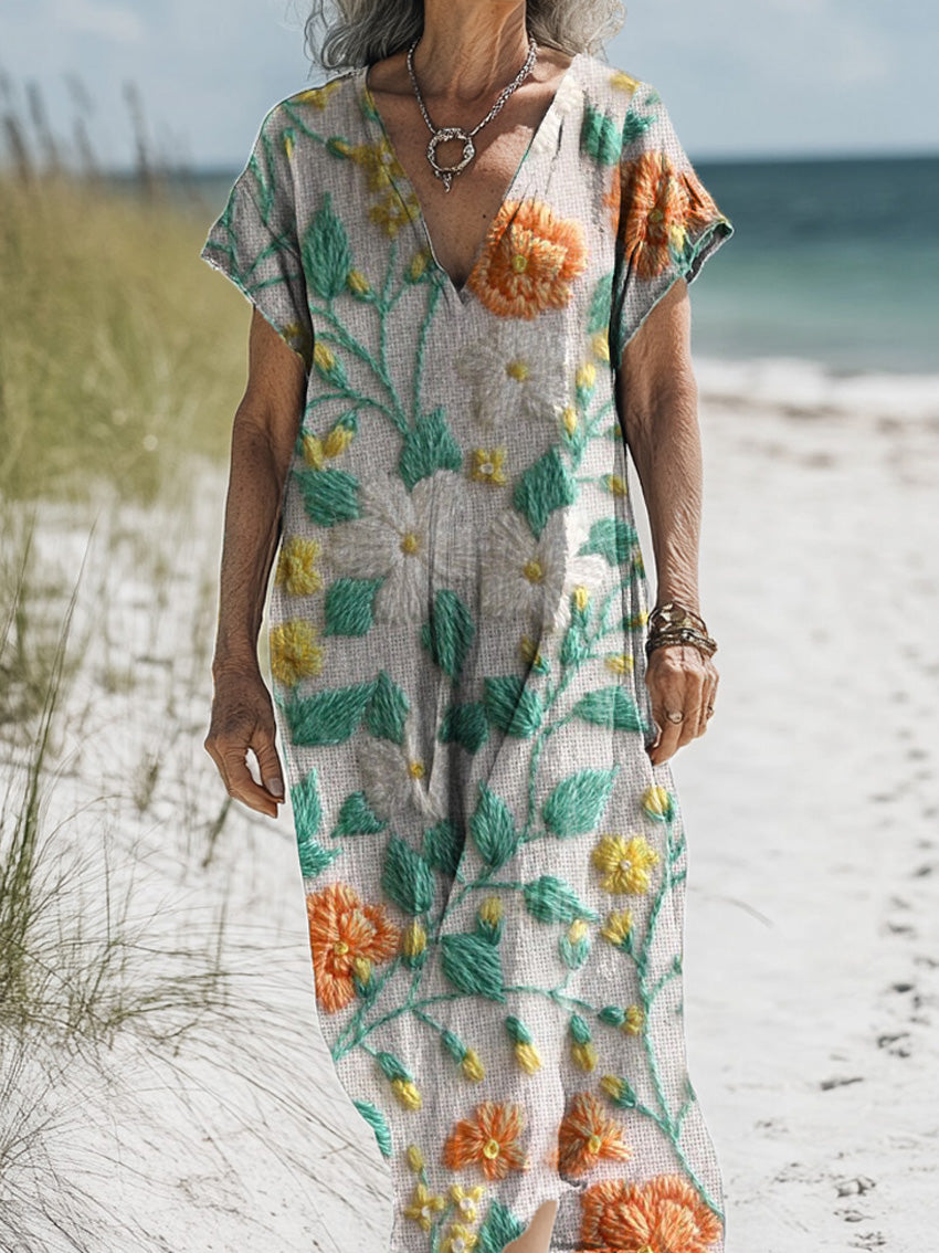 Embroidery Floral Pattern Printed Women's Pocket Cotton Dress