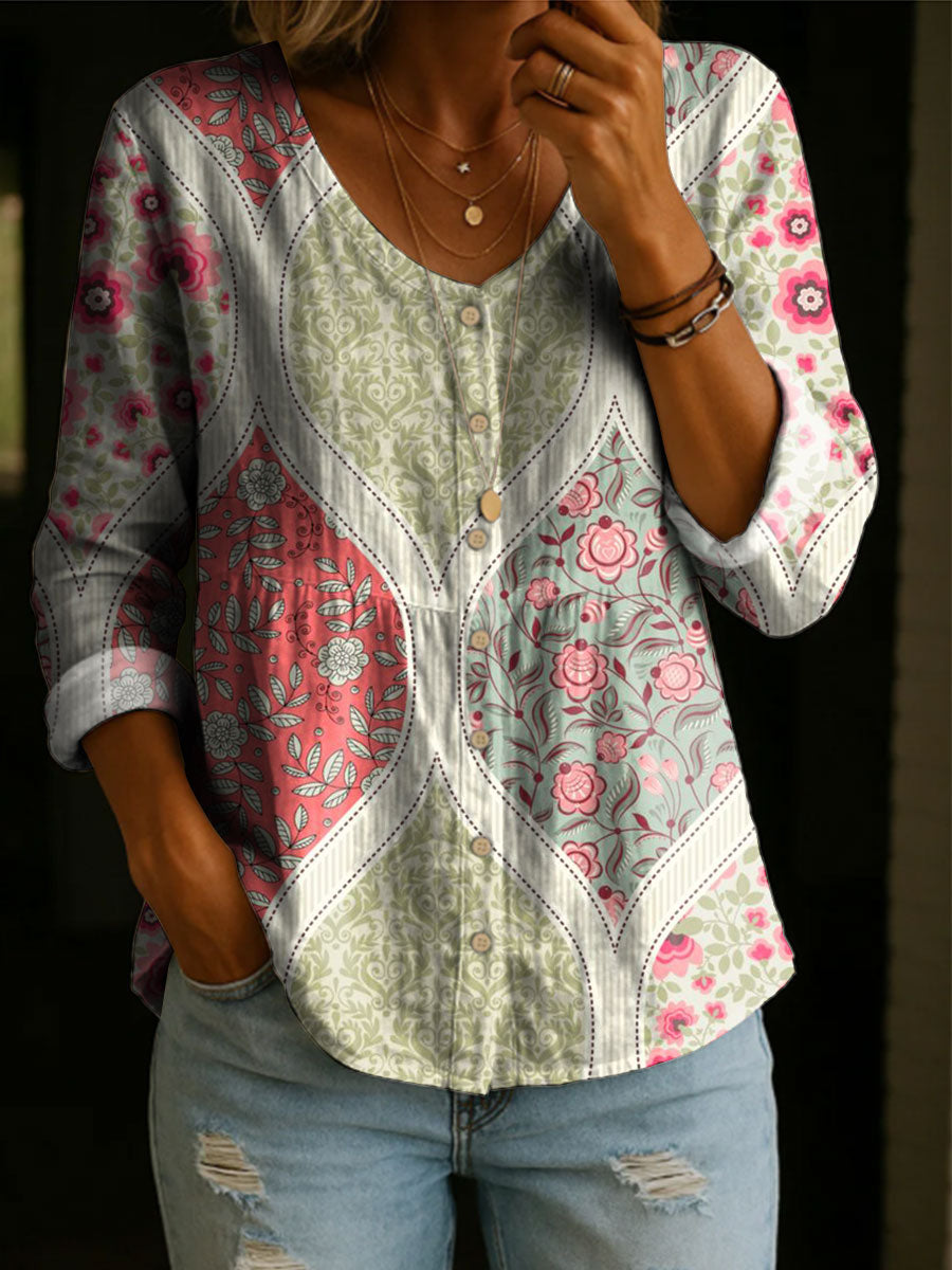 Women's Floral Pattern Art Print Casual Cotton Shirt