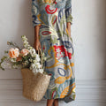 Women's Vintage Flower Art Print Linen Pocket Tunic Dress