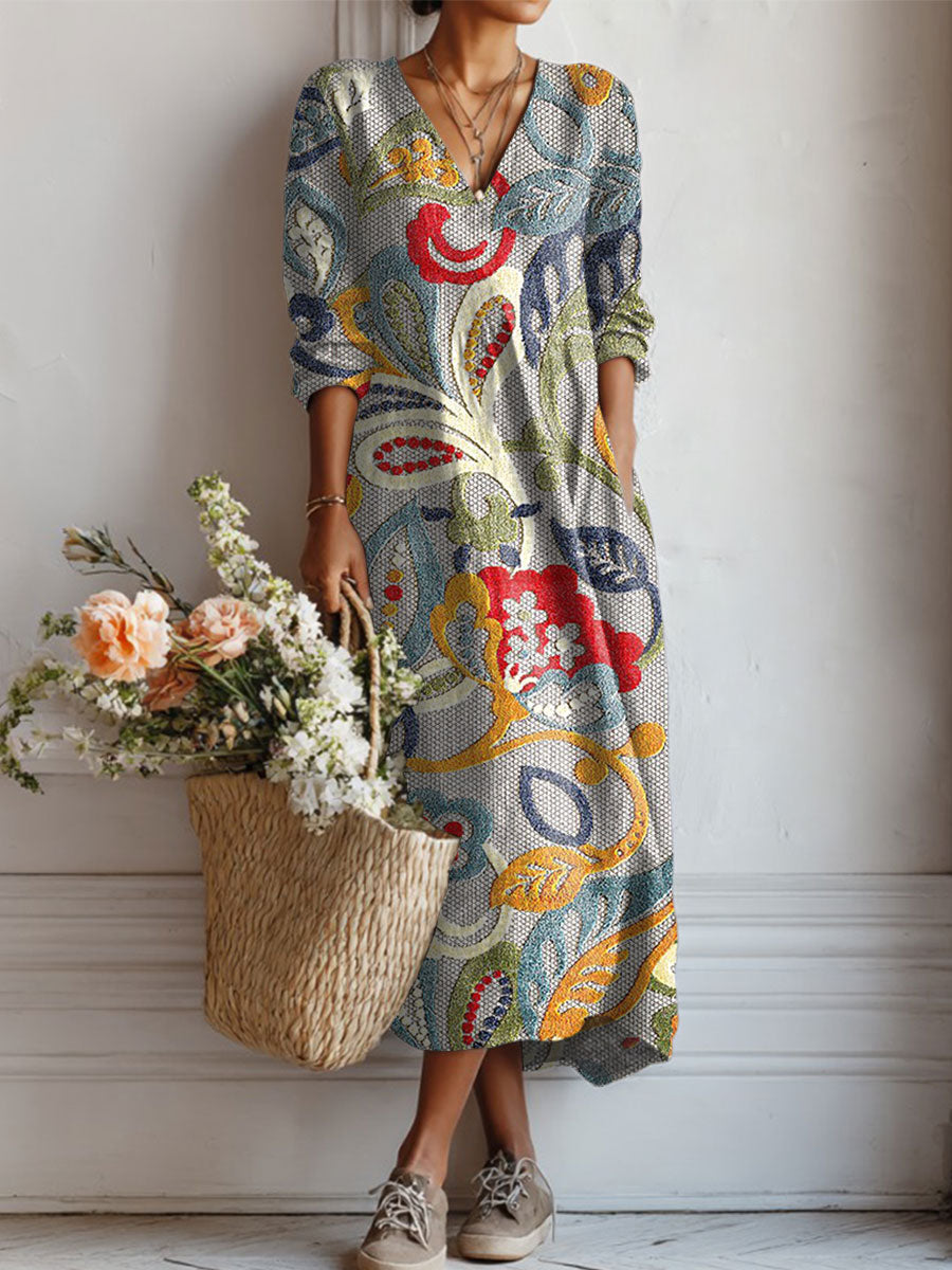 Women's Vintage Flower Art Print Linen Pocket Tunic Dress