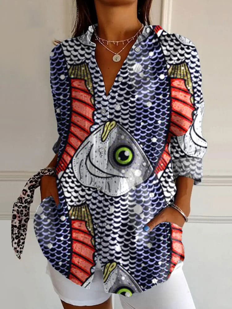 Women's Fish Art  Print Casual Cotton Shirt
