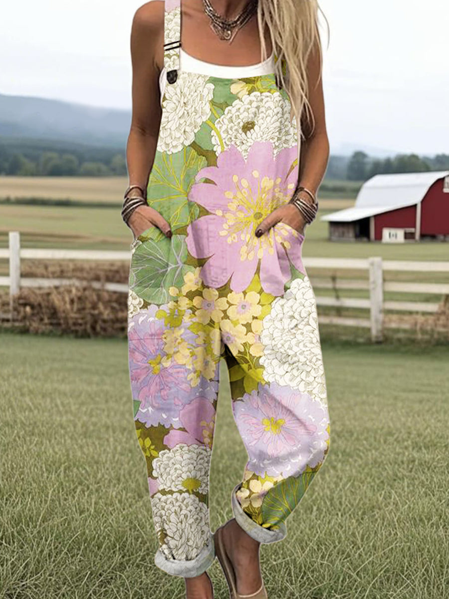 Women's Beautiful Colorful Large Flower Painting Art Print Casual 100% Cotton Wide Leg Jumpsuit
