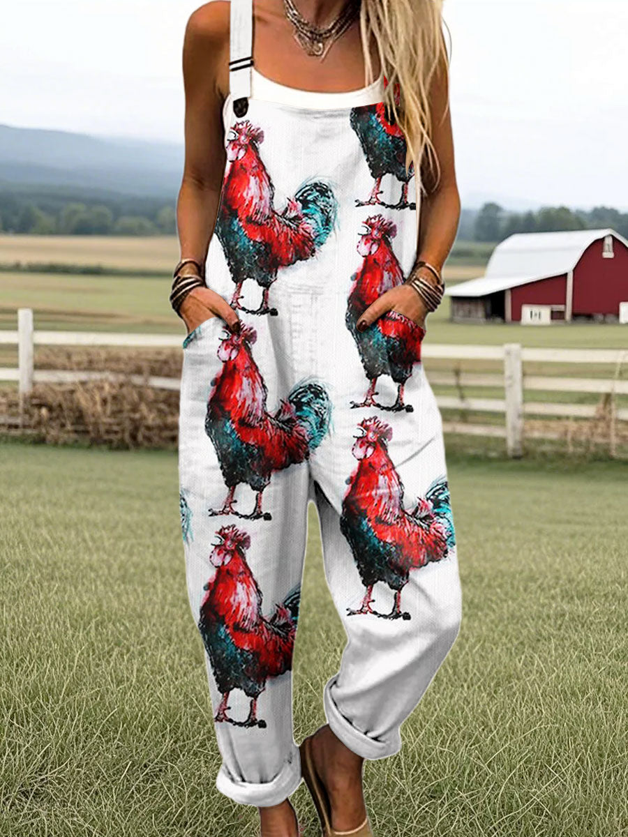 Women's Vintage Funny Farm Chicken Art Print Casual 100% Cotton Wide Leg Jumpsuit