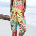 Women's Vintage Flower Art Print Casual 100% Cotton Wide Leg Jumpsuit