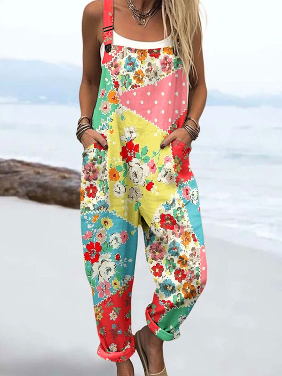 Women's Vintage Flower Art Print Casual 100% Cotton Wide Leg Jumpsuit