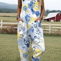 Women's  Vintage Flower Art Print Casual 100% Cotton Wide Leg Jumpsuit