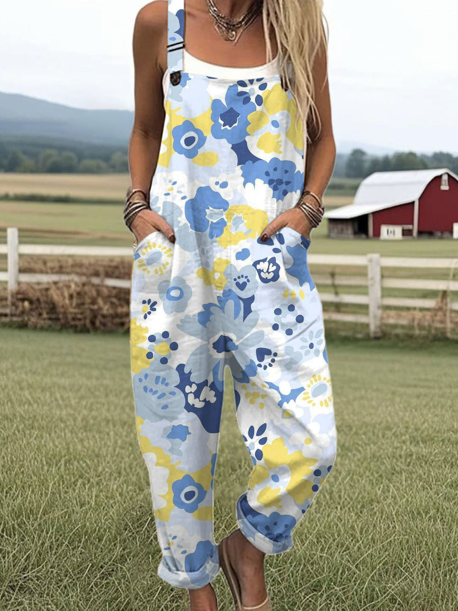 Women's  Vintage Flower Art Print Casual 100% Cotton Wide Leg Jumpsuit
