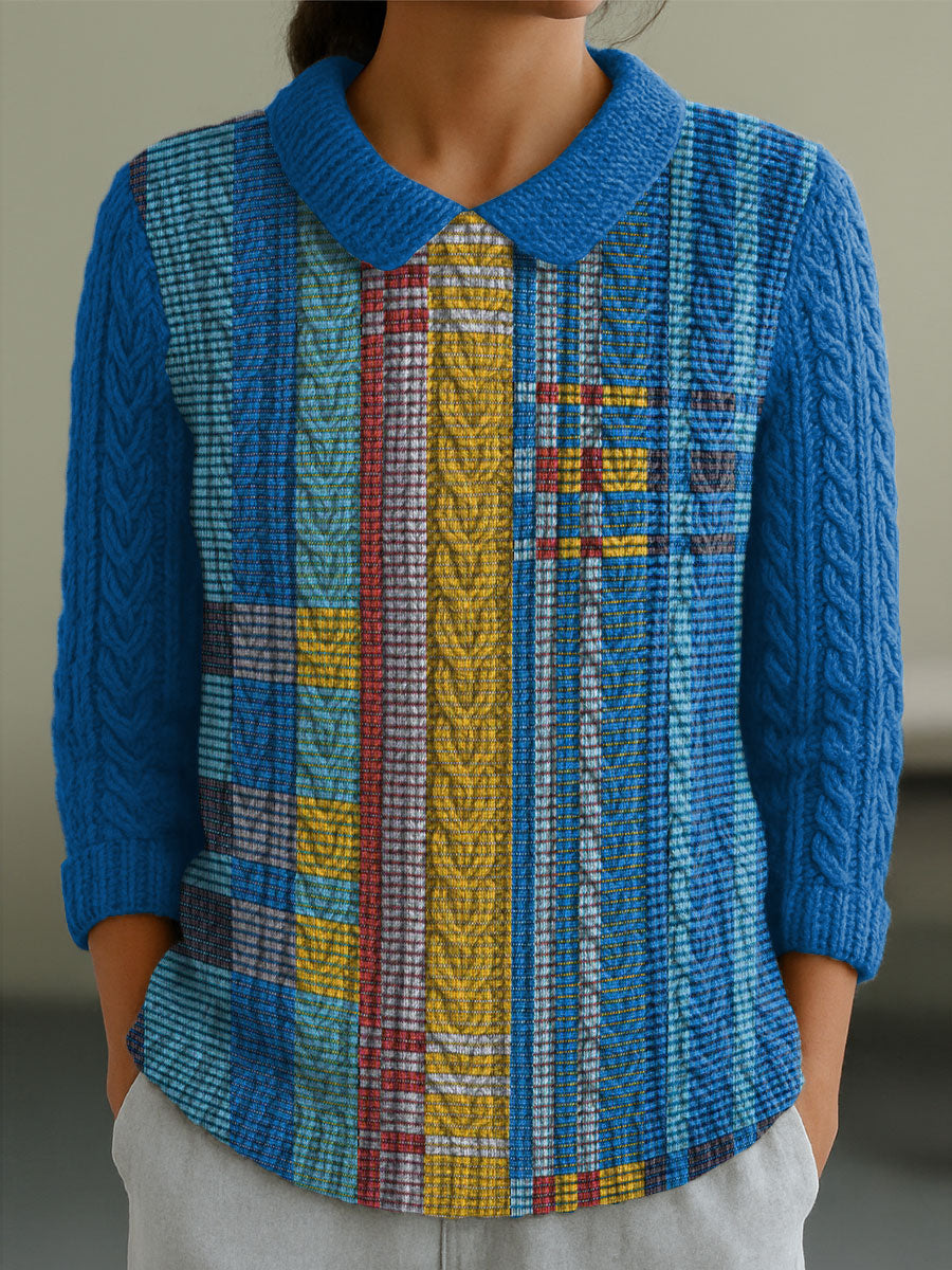 Women's Blue Geometric Color Splicing Casual Peter Pan Collar 3/4 Sleeve Sweater
