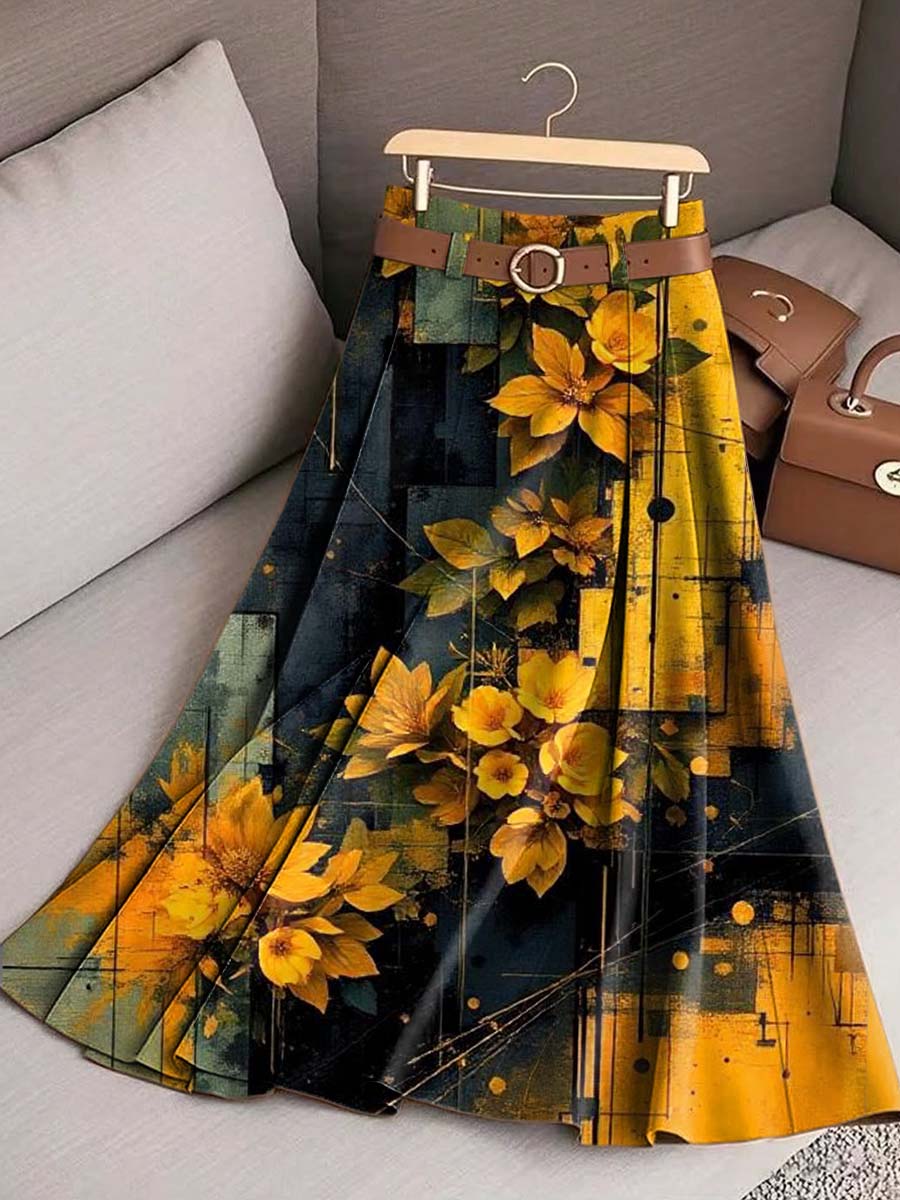 Women's Floral Art Print Casual Cotton Skirt