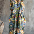 Women's Vintage Floral Birds Art Pattern Print Pocket V-neck Cotton Dress