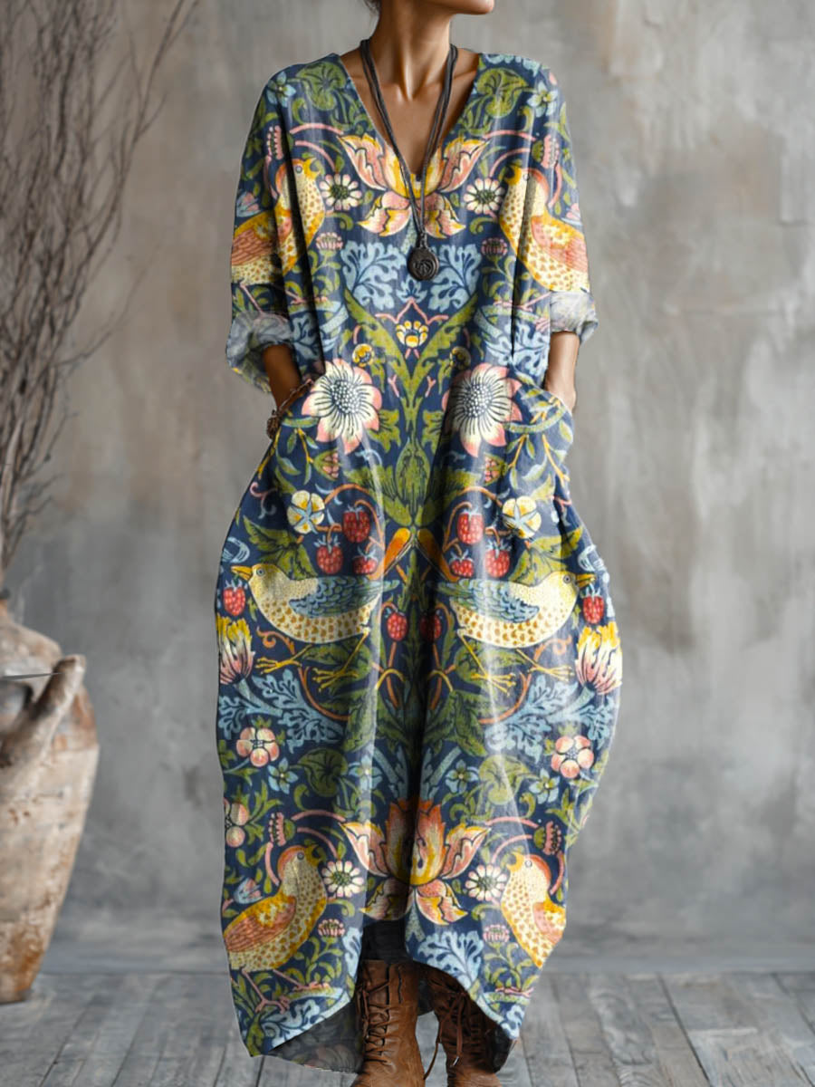 Women's Vintage Floral Birds Art Pattern Print Pocket V-neck Cotton Dress