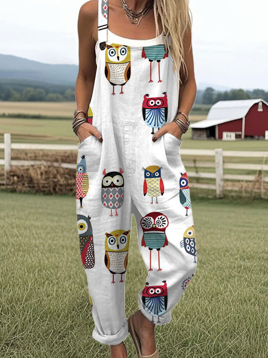 Women's  Funny  Owl  Art Print Casual 100% Cotton Wide Leg Jumpsuit