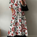 Women's Vintage Flower Art Print Pocket V-neck Cotton Dress